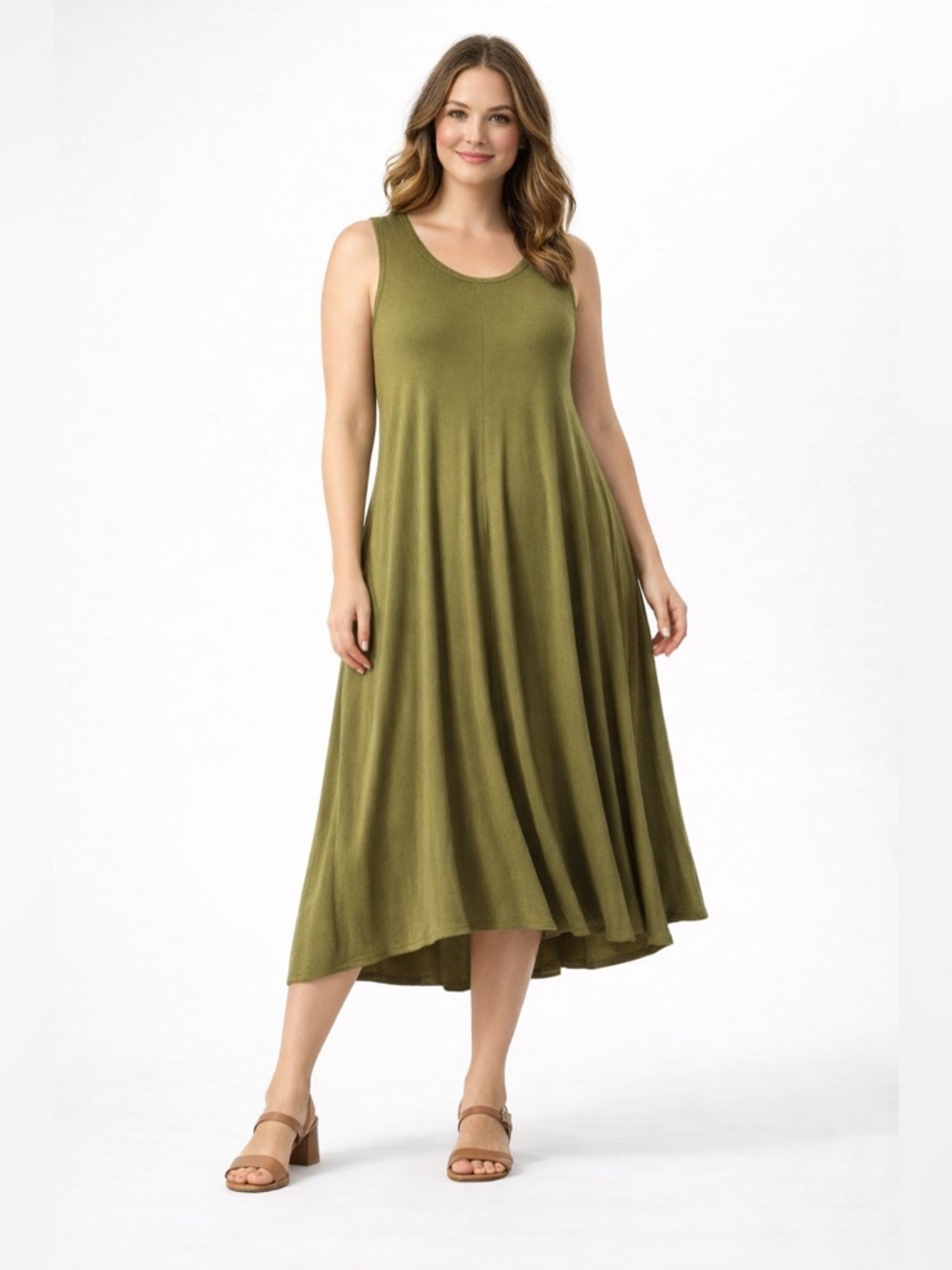 Philosophy Olive Green Sleeveless Swing Dress Size 2X Soft Knit Midi A-Line